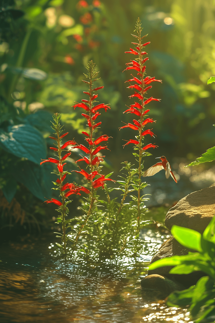 Upright spikes of scarlet-red Lobelia cardinalis blooming beside a tranquil pond, surrounded by lush greenery and visited by a hummingbird.