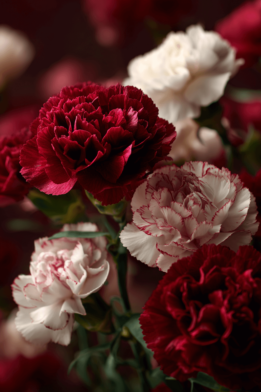 Close-up of Carnations with full, rounded blooms in deep red and white, showing the intricate textures of the petals, with warm sunlight illuminating them in a blurred garden background.