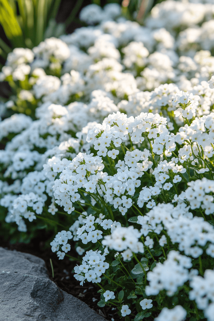 Wide ground cover of dense white Carpet of Snow Alyssum flowers spreading across the garden soil, gently lit by soft morning light.