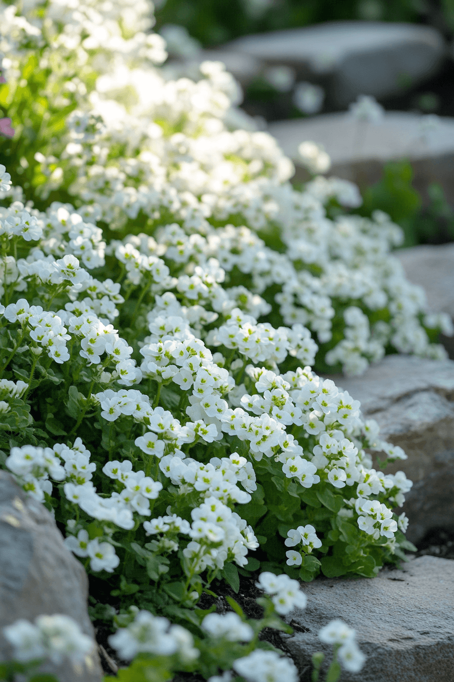Lush, cascading white Alyssum flowers of the Royal Carpet variety draping over garden rocks, captured in sharp detail with a blurred background.