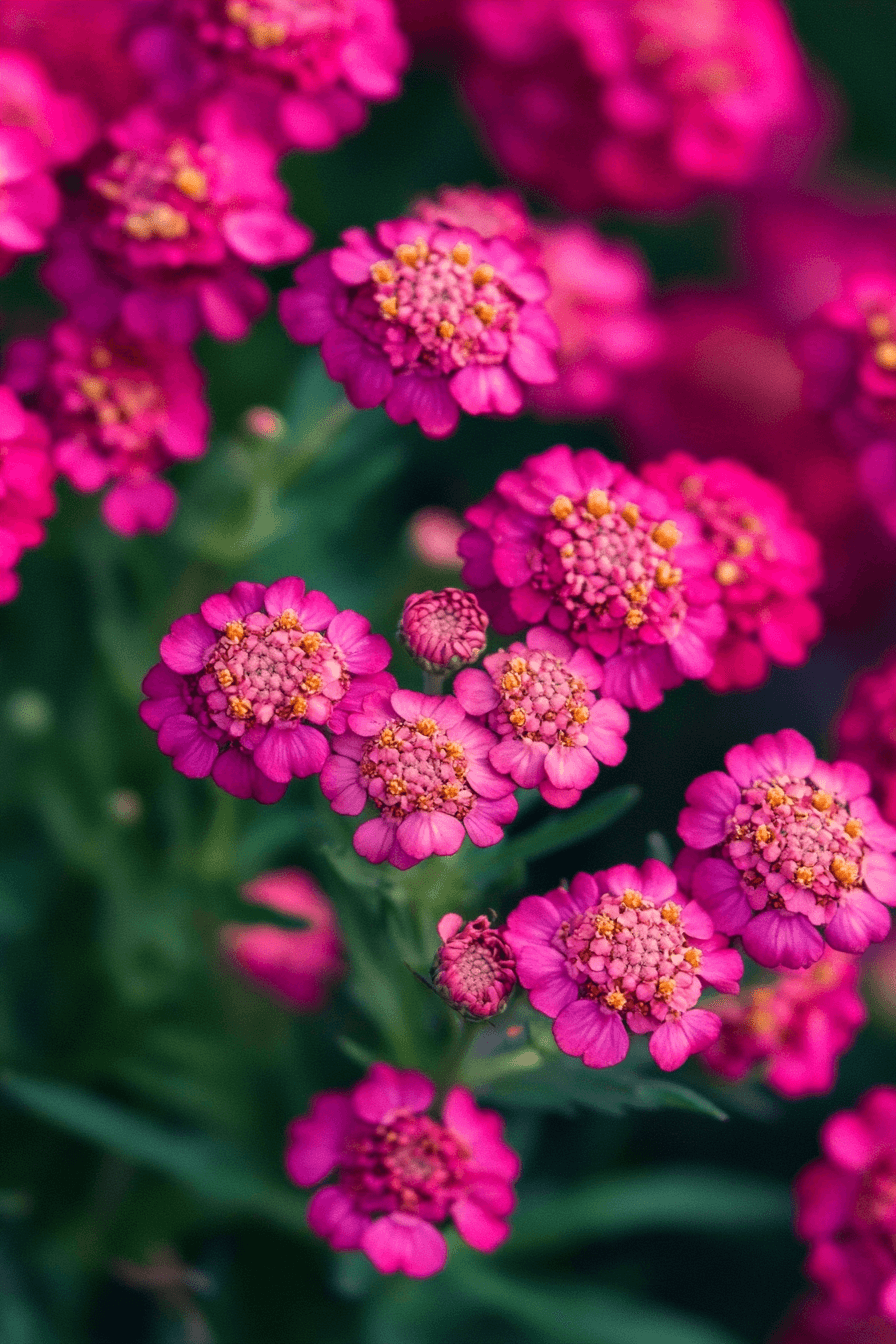 Deep cherry-red Achillea ‘Cerise Queen’ Yarrow flowers with lush green leaves, captured in sharp natural light.