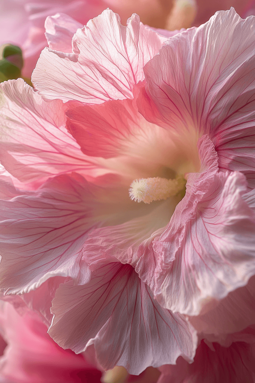 Close-up of Chater’s Double hollyhock flower with layered ruffled petals in blush pink, cream, and deep rose shades.