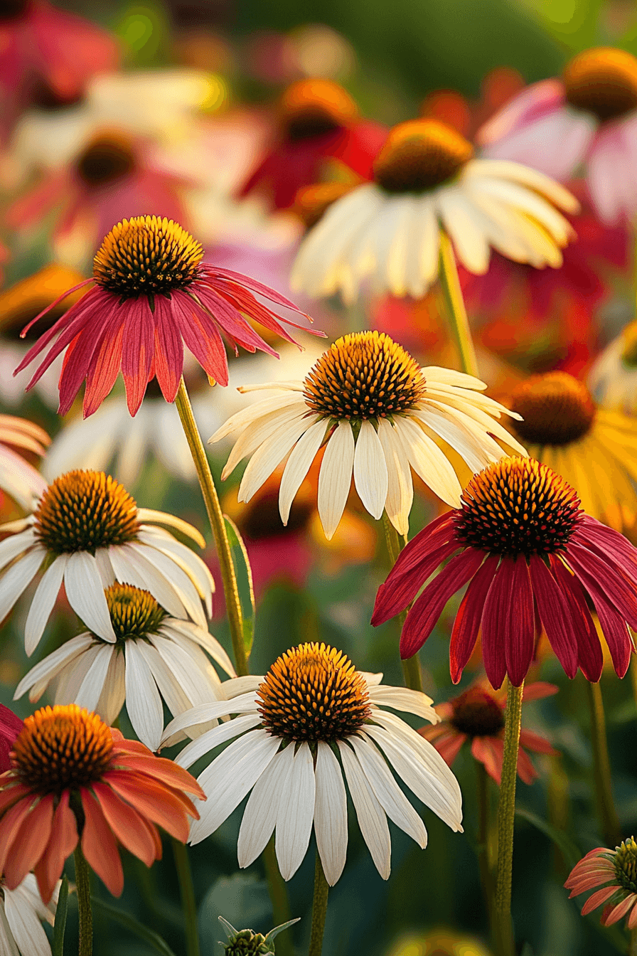 A diverse cluster of ‘Cheyenne Spirit’ coneflowers in shades of yellow, coral, red, and pink, blooming together in harmony — a celebration of color and self-expression