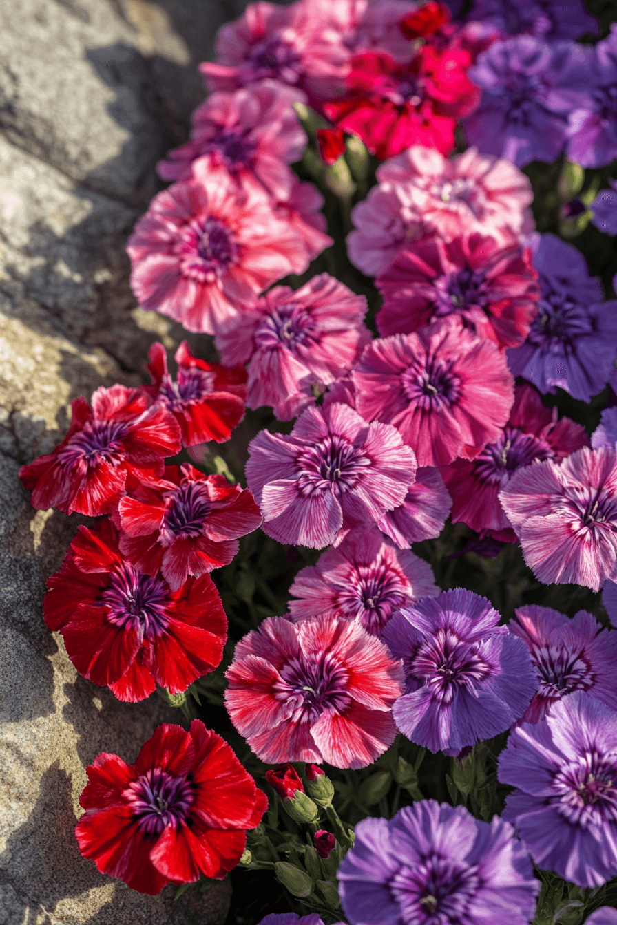 Bright red, purple, and pink China Pink Dianthus flowers, blooming against a rustic stone background, with sunlight filtering through their petals, creating a bold yet graceful image.