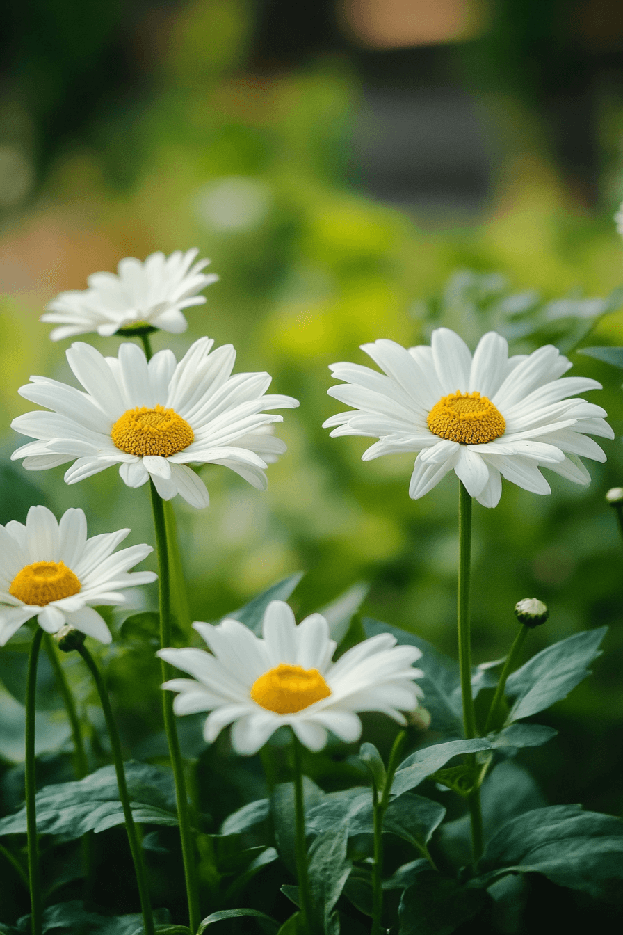 Elegant Shasta daisies standing tall in a tranquil garden, their graceful white petals glowing softly—embodying mature strength and serenity.