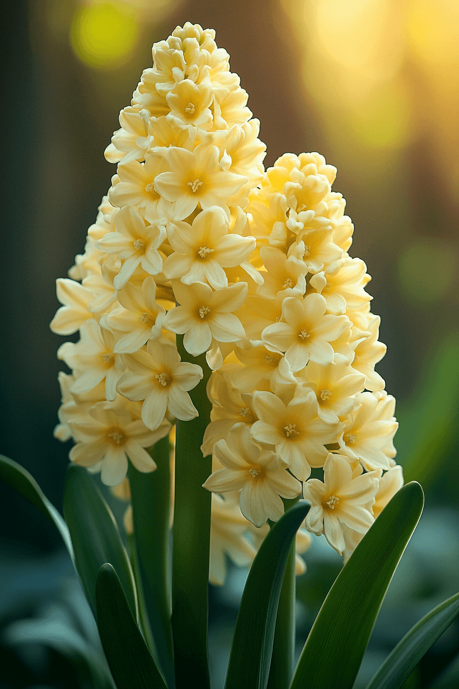 Creamy yellow City of Haarlem hyacinth flowers blooming in the morning sun, symbolizing gentle strength.