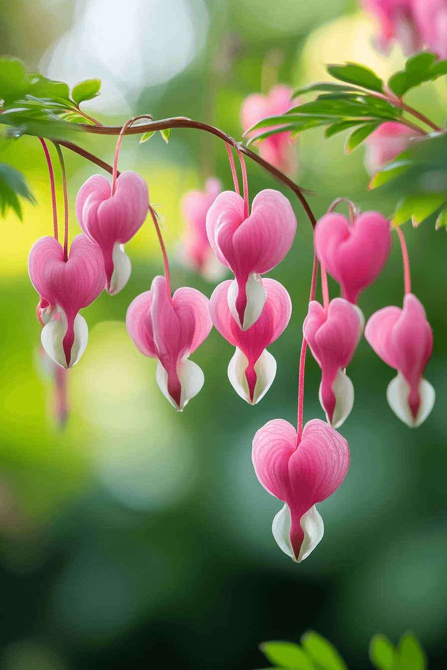 Classic pink Bleeding Heart blossoms hanging like heart-shaped charms along a graceful arching stem, surrounded by soft green foliage.