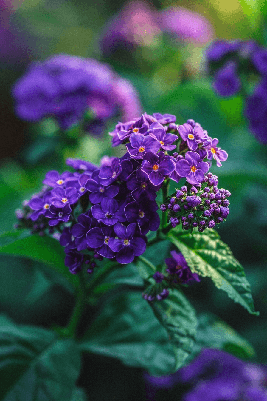 Clusters of classic purple heliotrope flowers with rich violet hues glowing softly in natural light.