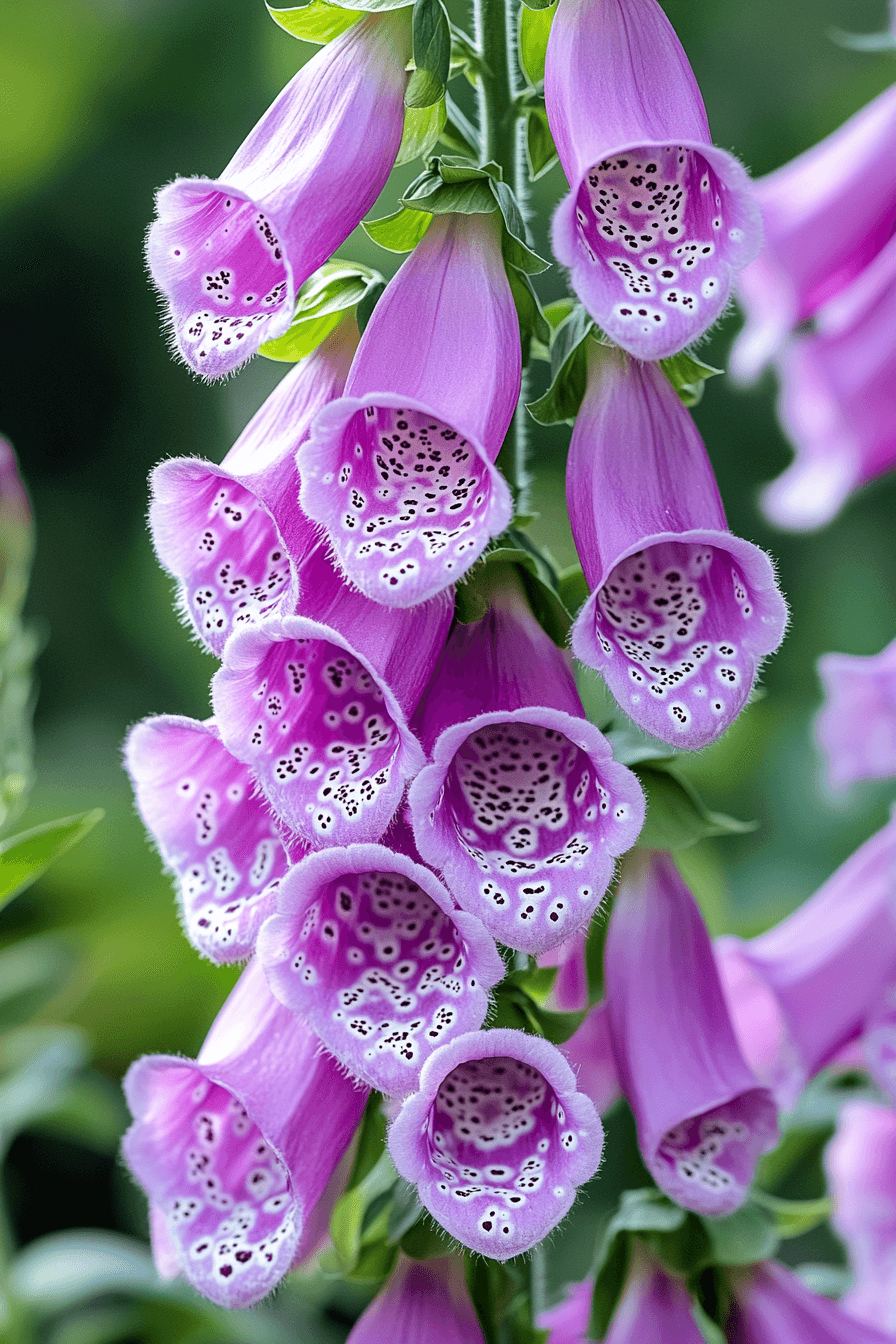 Close-up of common foxglove flowers (Digitalis purpurea) showing tall spikes of purple bell-shaped blossoms with white spotted throats in a natural garden setting