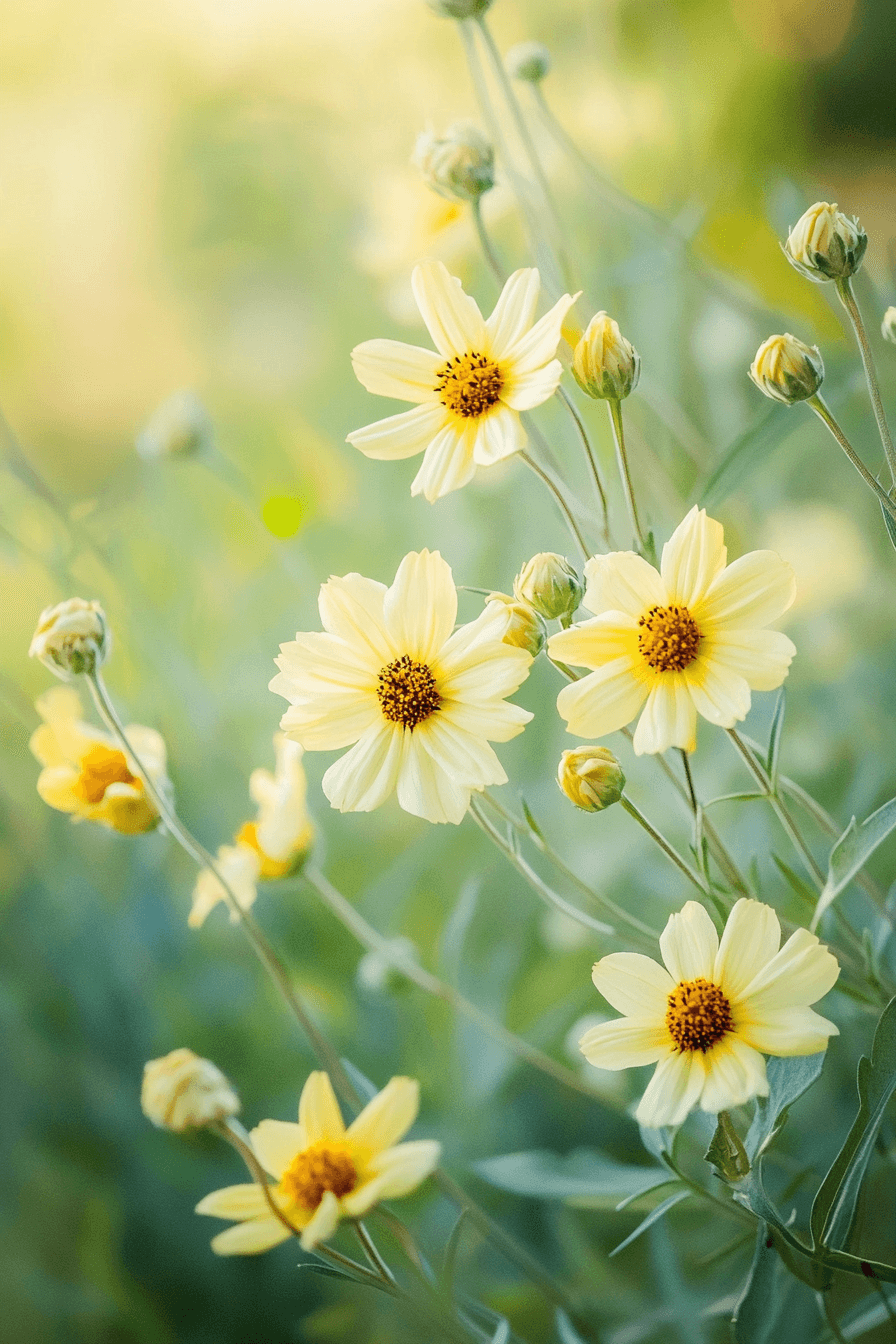 Close-up of Coreopsis verticillata ‘Moonbeam’ with pale yellow flowers and silvery, feathery foliage, softly illuminated by morning sunlight.