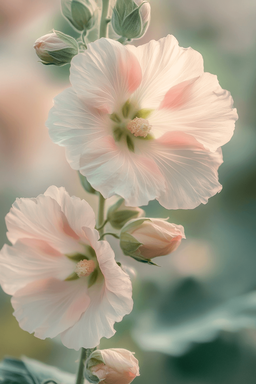 Creamy pink-tinged Creme de Cassis hollyhock flower with delicate petals and soft natural light
