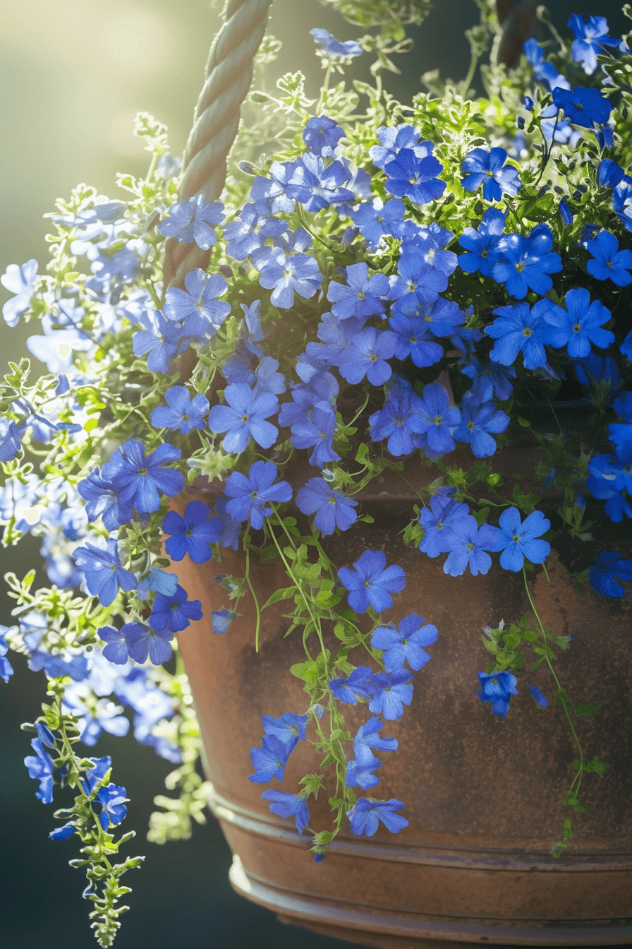 Trailing Lobelia erinus ‘Crystal Palace’ with deep blue flowers and bronze-green foliage cascading from a terracotta pot in a shaded garden corner.