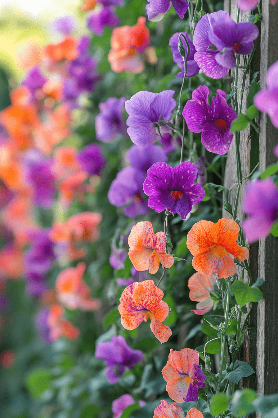 Wild Cupani Sweet Pea flowers featuring striking orange-speckled purple petals, climbing a rustic trellis, highlighted by bright sunlight that enhances their vibrant and untamed character.