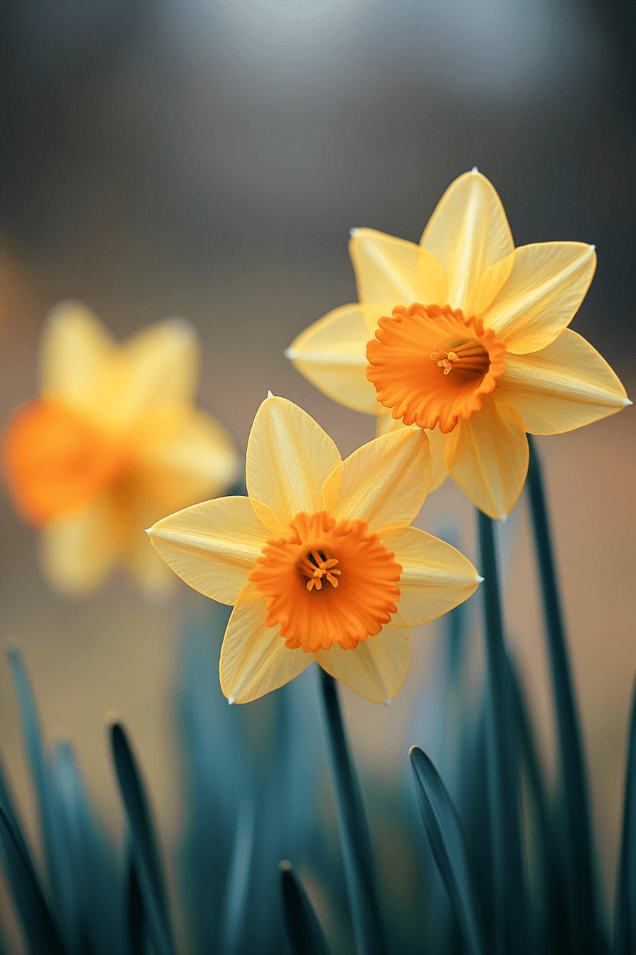 Cyclamineus daffodils like 'Jetfire' with swept-back petals and vivid orange trumpets, appearing windswept and vibrant in early spring air