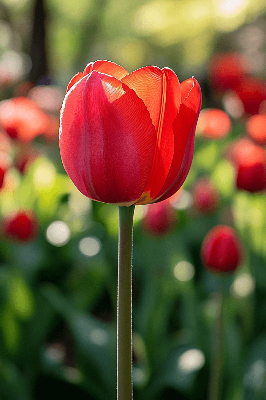 Bright red Darwin Hybrid tulip standing tall in spring sunlight, symbolizing boldness and rebirth in the garden.
