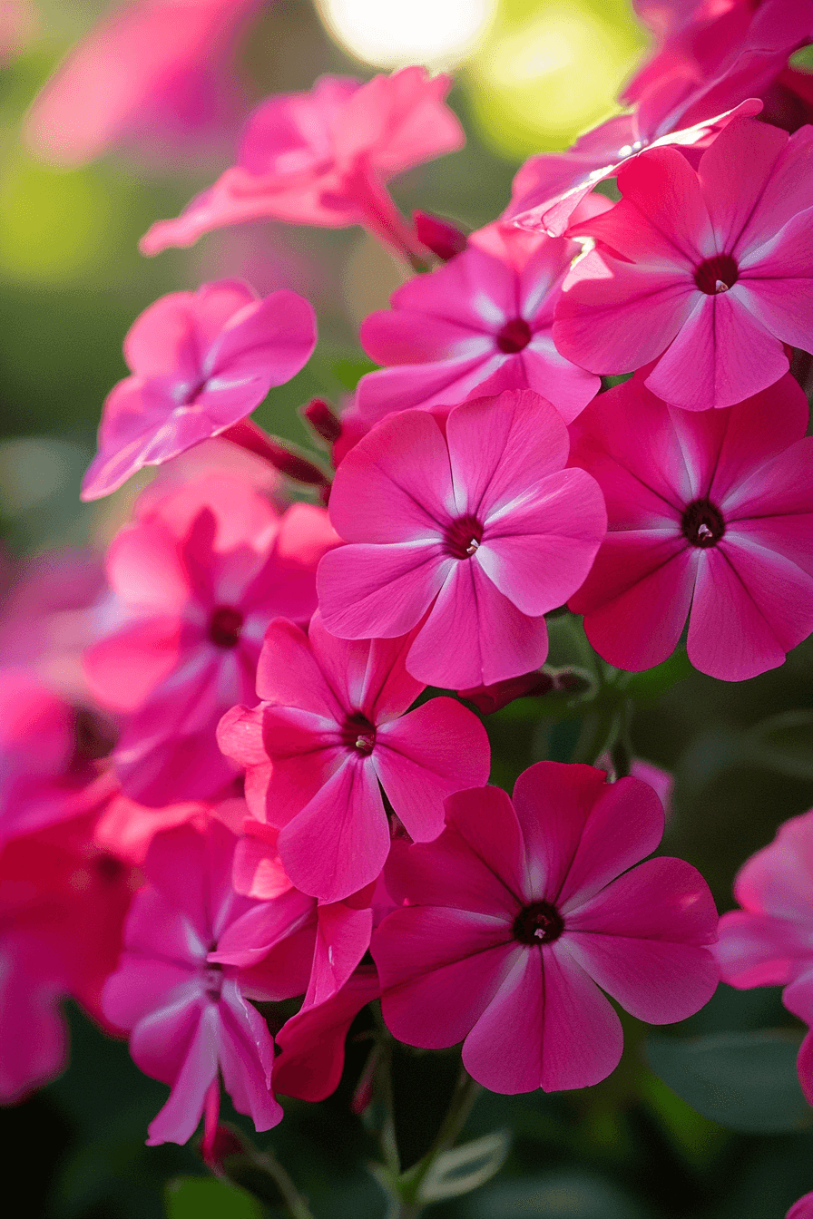 Close-up of vibrant deep crimson Garden Phlox ‘David’ flowers with soft pink highlights, showcasing delicate petals and natural texture in warm sunlight, symbolizing passionate feminine strength and resilience.