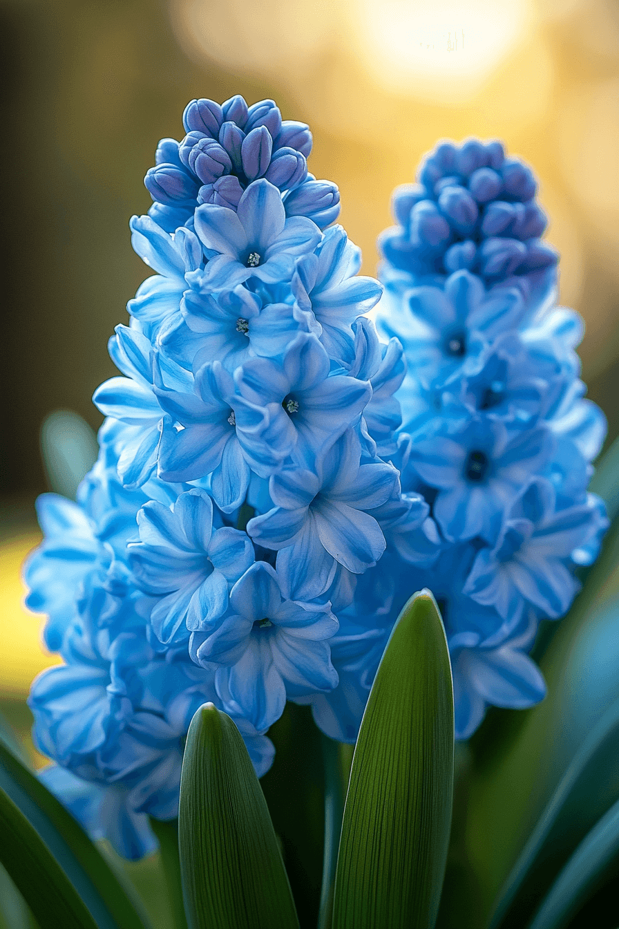 Close-up of Delft Blue hyacinth flowers with soft sky blue petals in full bloom, captured in natural spring light.