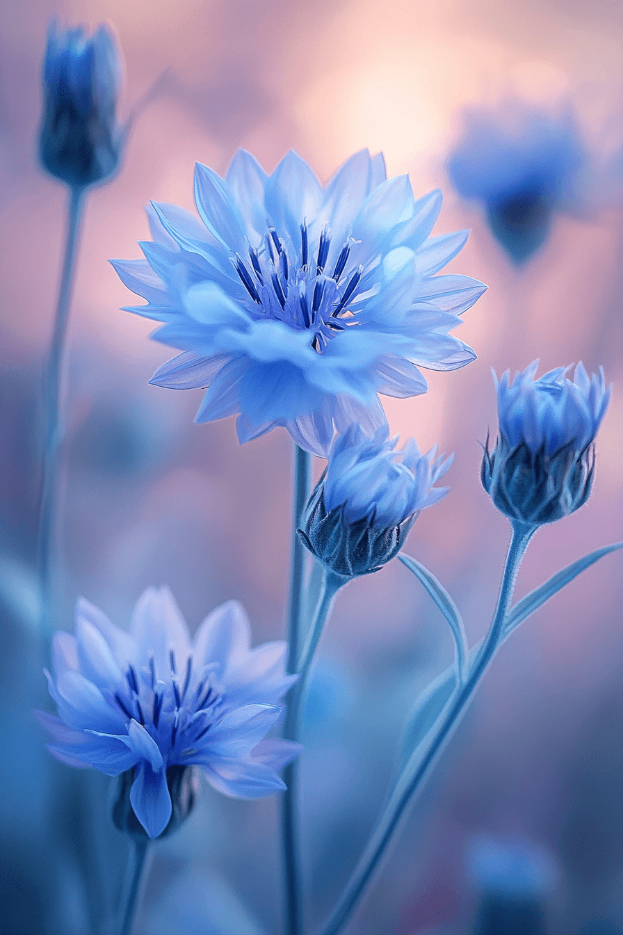 Pale lavender-blue Blue Diadem cornflower glowing at dusk, with soft edges and a serene, poetic presence.