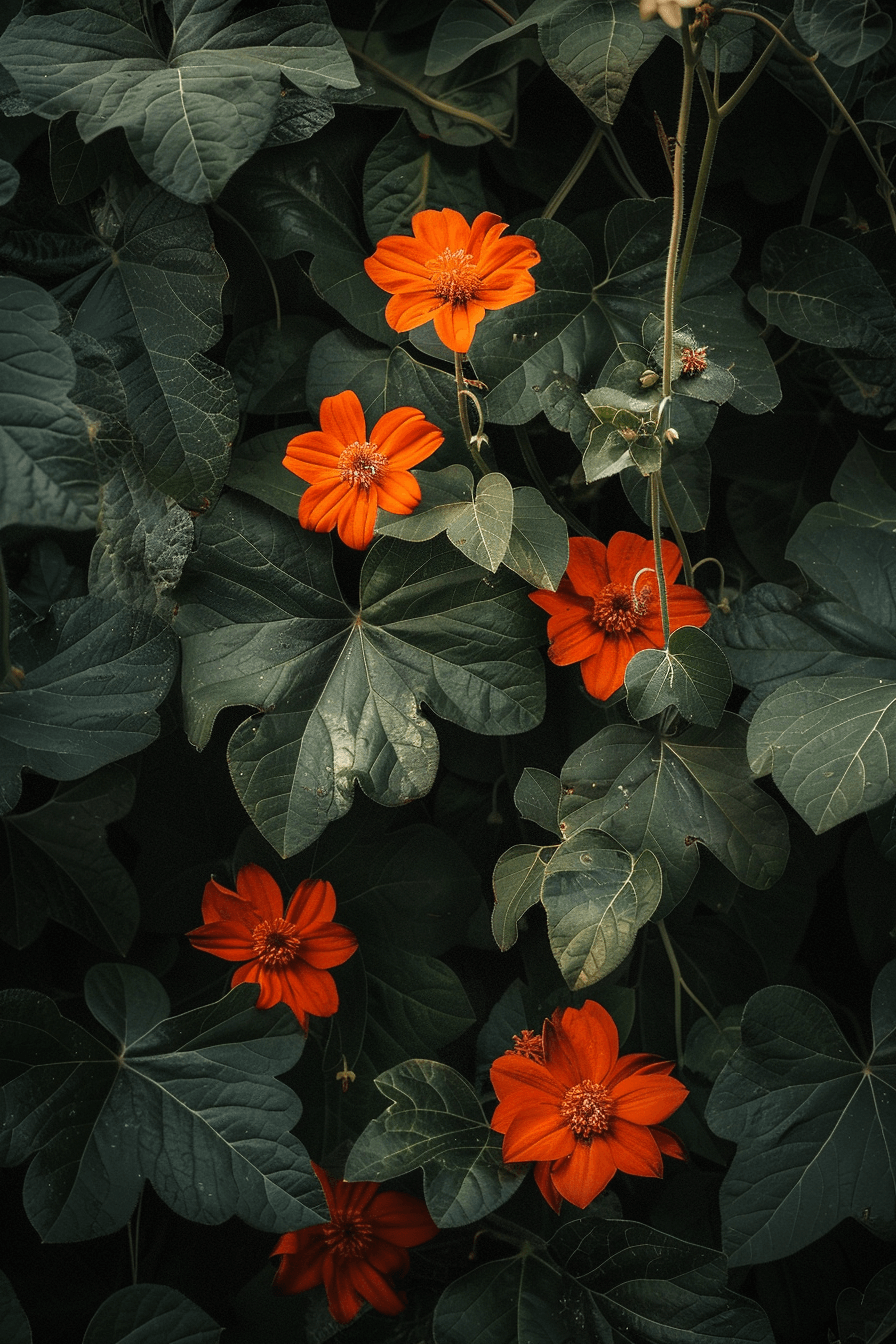 Tithonia diversifolia with its delicate, deeply lobed leaves and bright orange flowers in natural light