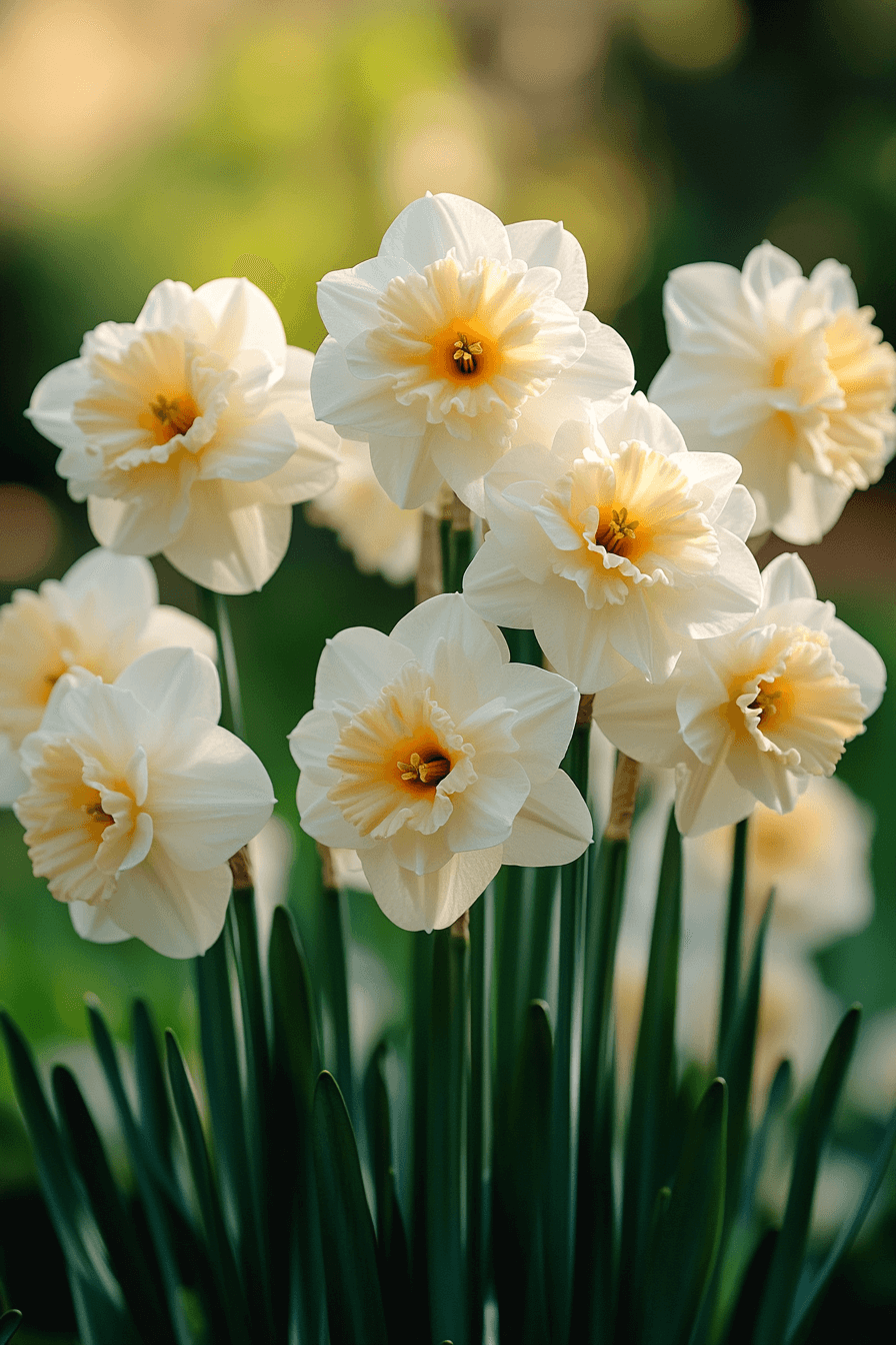 Frilly double daffodils like 'Tahiti' in full bloom, layered yellow and orange petals creating a lush, rose-like appearance