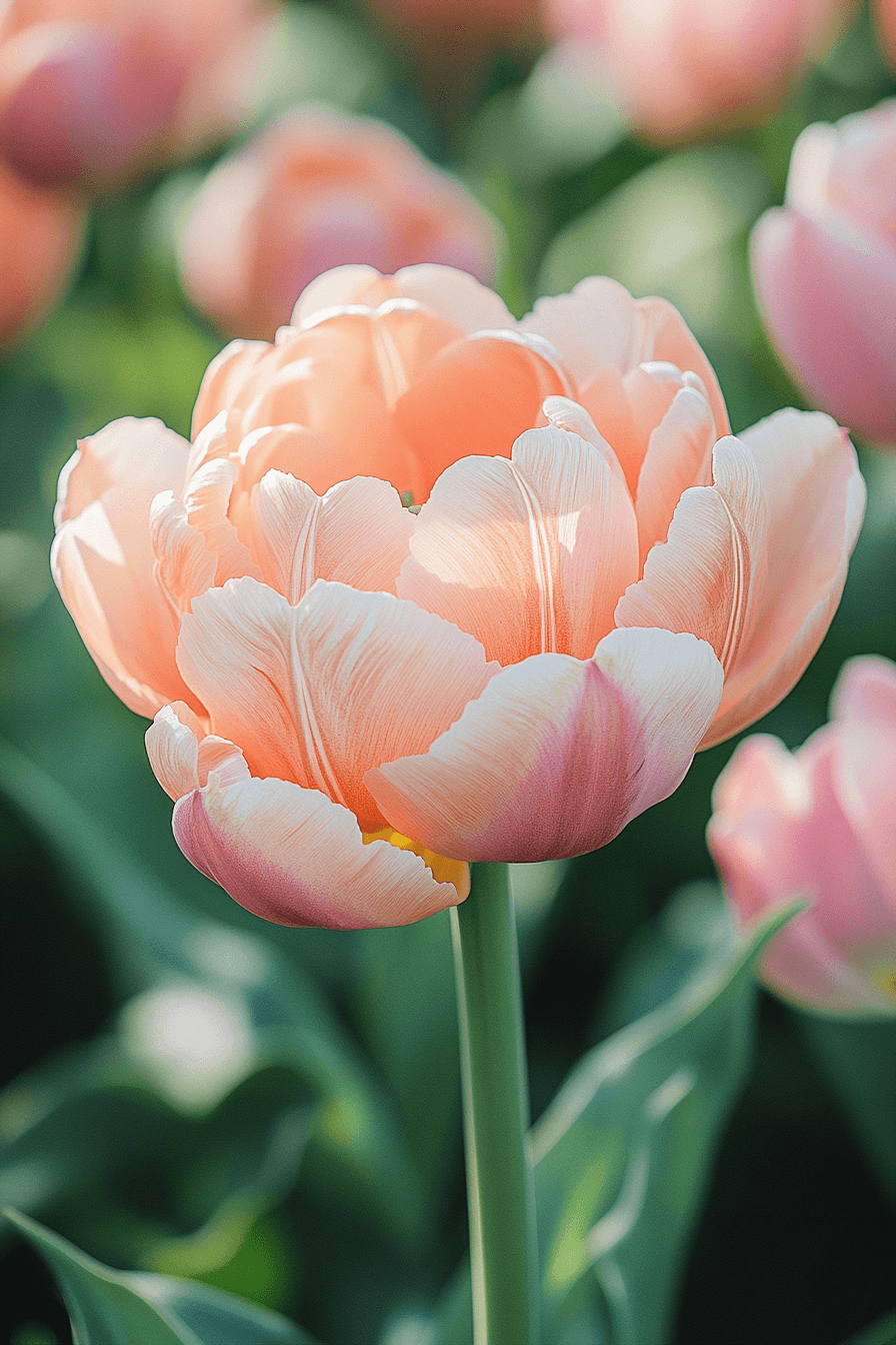 Peony-style Double Late tulip in soft blush tones, with full layered petals evoking tenderness and nostalgia.