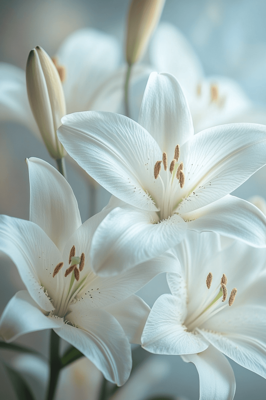 Pure white Easter lilies with smooth petals and golden stamens, symbolizing serenity and grace.