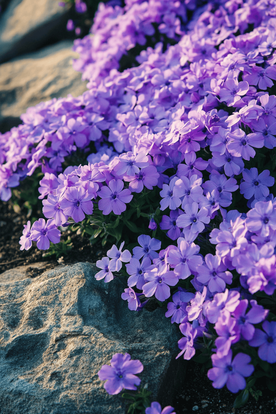 A dense carpet of Creeping Phlox ‘Emerald Blue’ flowers in rich blue-purple hues spreading across rocky soil, illustrating gentle persistence and quiet healing in a natural garden environment.