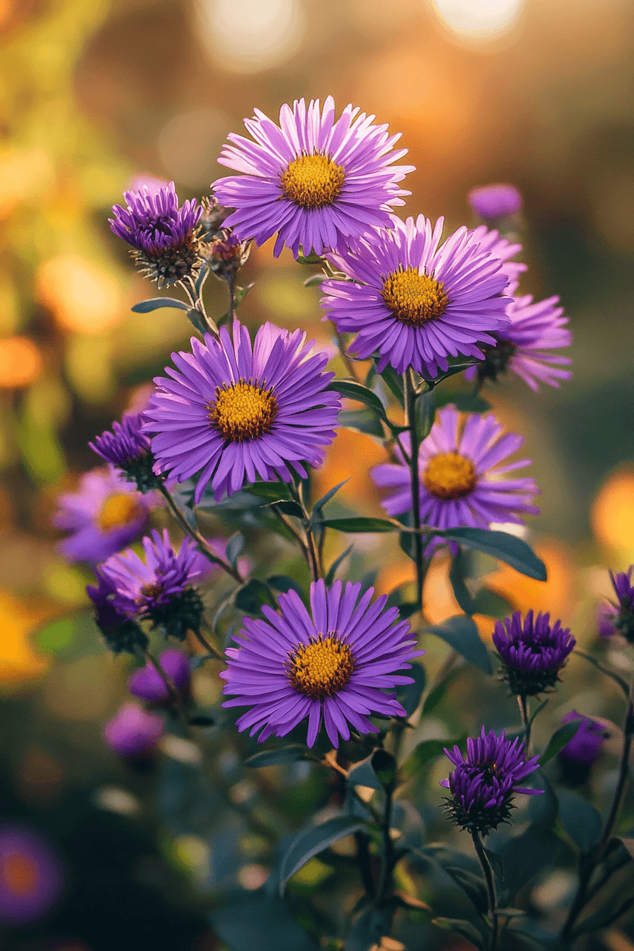 Photograph of a tall New England Aster in full bloom with deep purple petals and bright yellow centers, standing upright in golden autumn light.