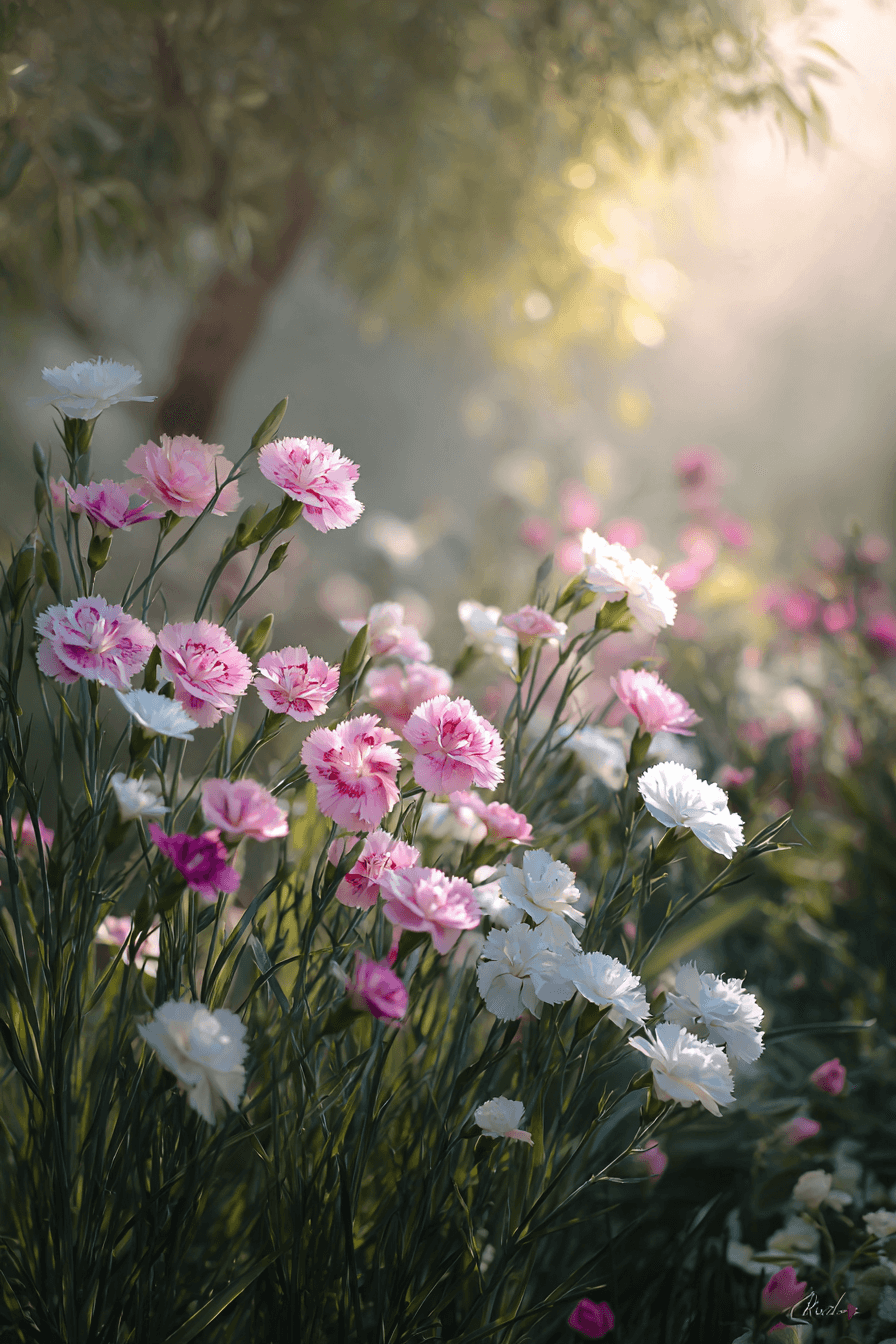 Timeless Everlast Dianthus flowers in soft shades of pink and white, blooming in a peaceful garden, with natural sunlight creating a serene and enduring atmosphere