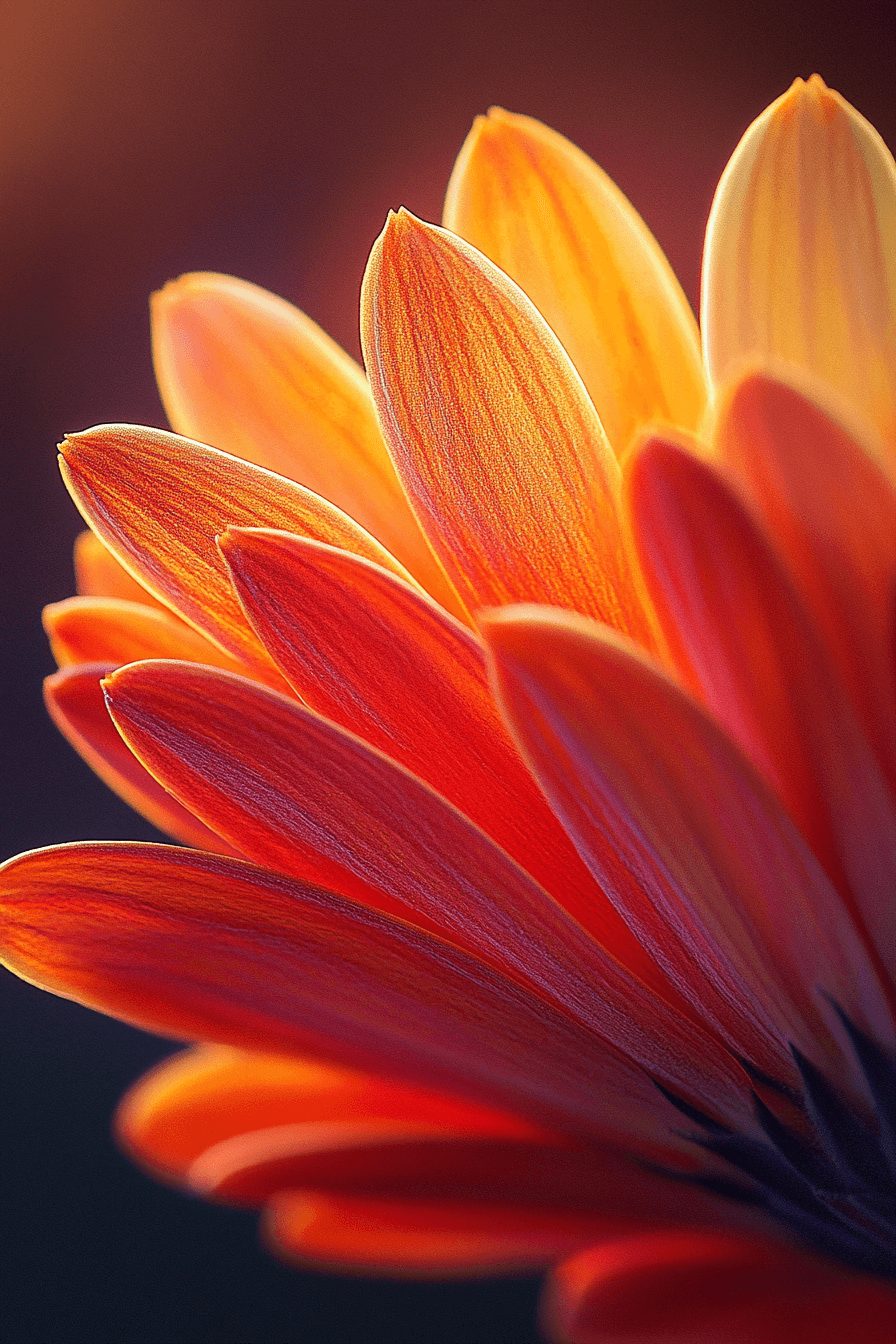 Dramatic close-up of fiery orange Calendula petals edged with deep red under golden hour light, representing boldness and emotional strength.