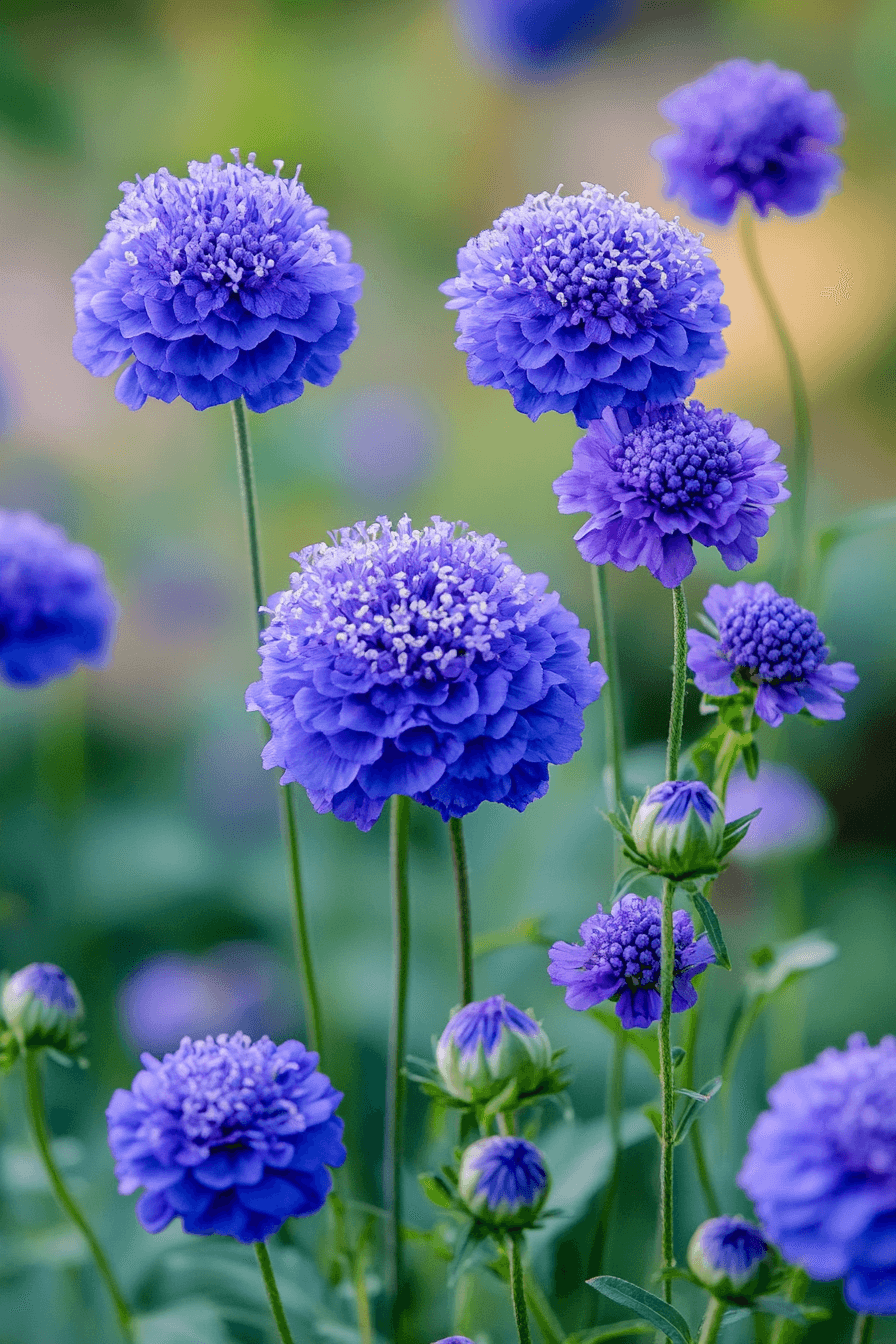 Clustered rich deep blue Scabiosa ‘Fama Deep Blue’ flowers on tall stems with visible pincushion centers and lush green leaves in natural dayligh