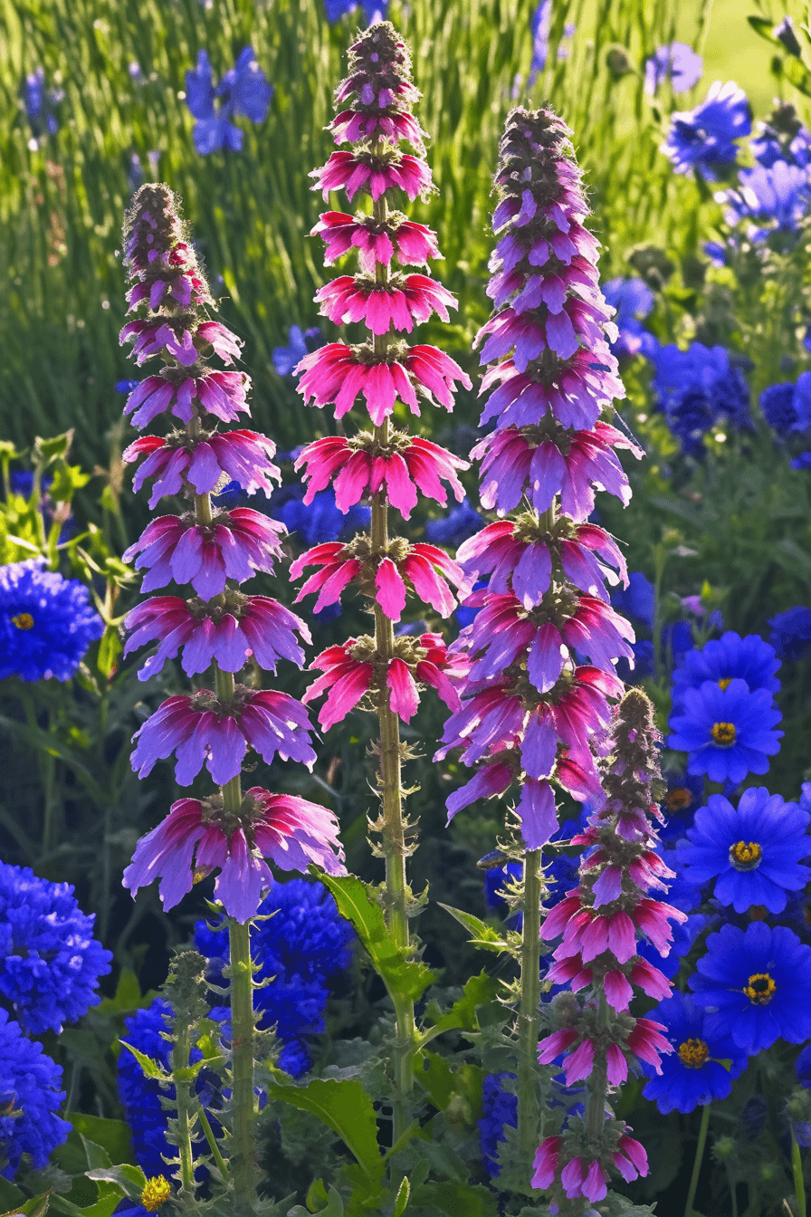 A vibrant mix of Lobelia x speciosa ‘Fan Series’ in pink, crimson, and violet hues blooming in a summer flower bed, surrounded by perennials.