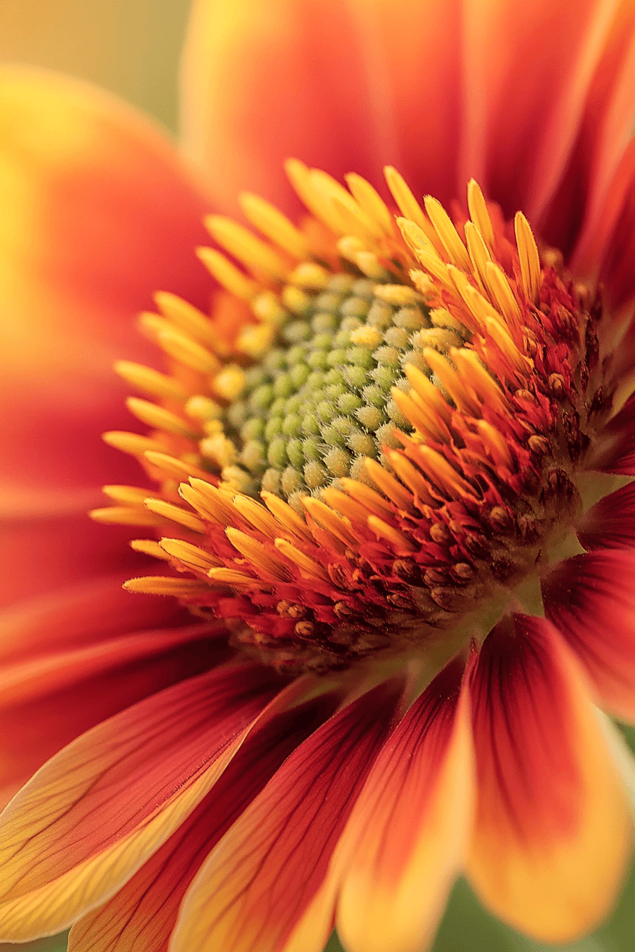 A close-up of Gaillardia ‘Fanfare’ flower showing bright orange-red petals edged with golden yellow, illuminated by warm natural sunlight with detailed texture visible.
