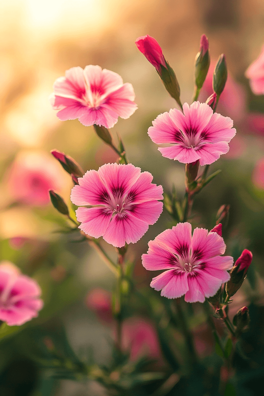 Bright pink Firewitch Dianthus flowers blooming with vibrant energy, set against a sunny garden backdrop, capturing their fiery and bold character in soft sunlight