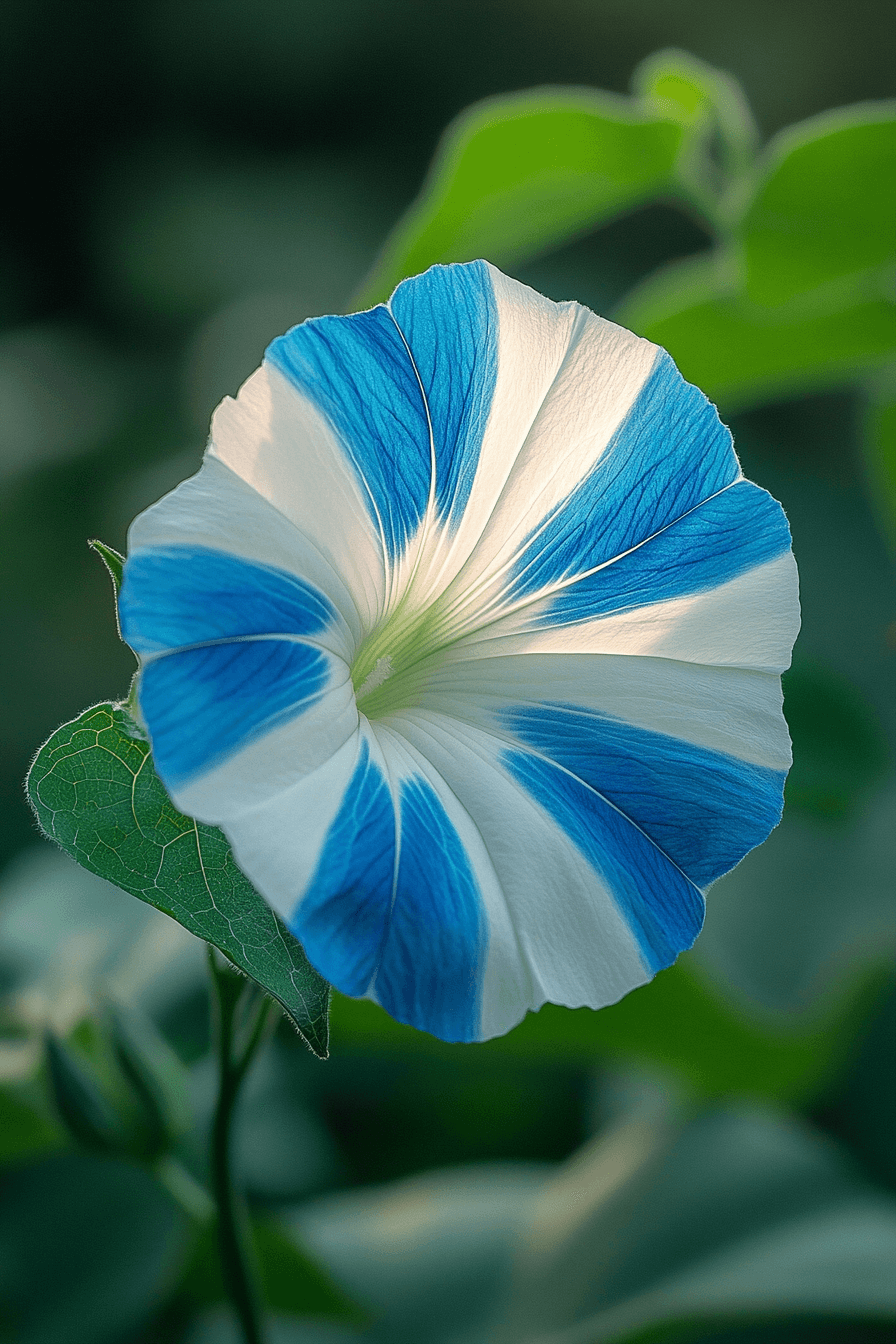 Flying Saucers morning glory showing swirling blue and white striped petals, blooming in soft light with a dreamy garden backdrop.