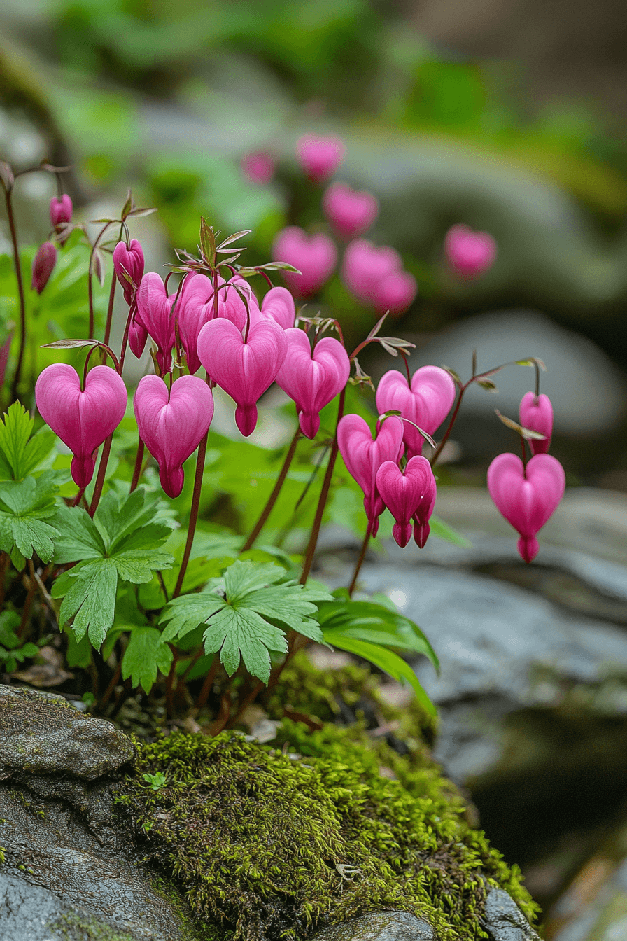Wild-style Bleeding Heart with loose, fringed pink blooms and lacy foliage, nestled in a natural mossy woodland setting.