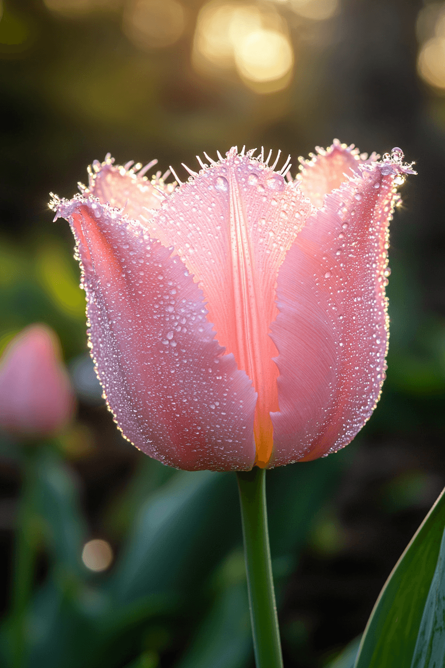 Close-up of a pink fringed tulip with lace-like petal edges, glowing gently in romantic golden hour light.