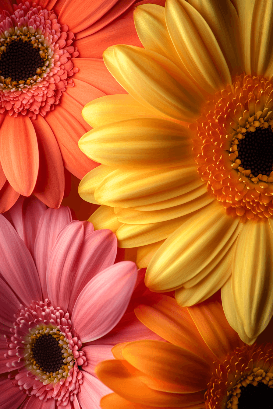 Vivid Gerbera daisies in radiant shades of coral and orange, celebrating bold femininity, joyful expression, and inner brightness.
