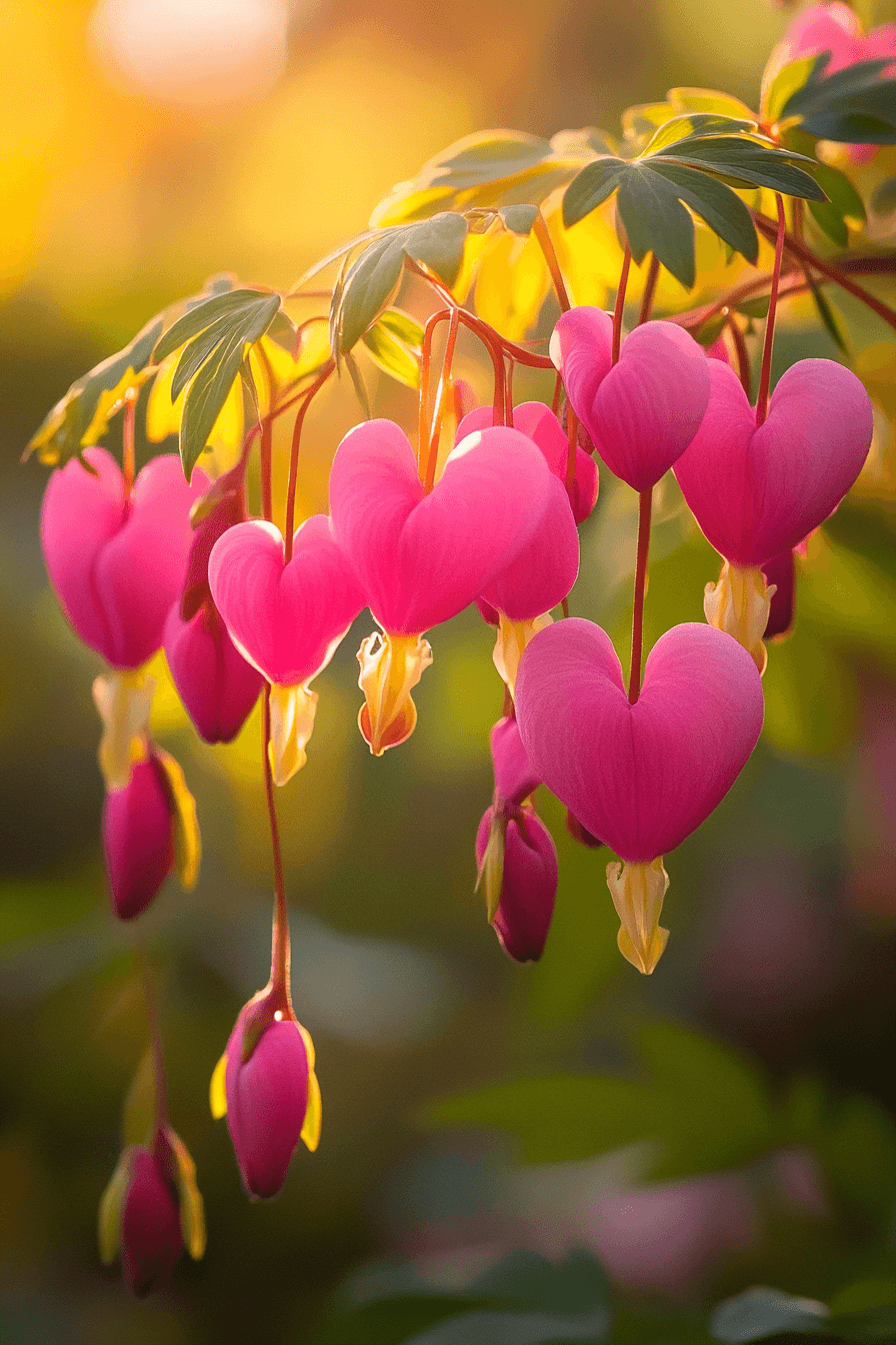 Golden-leafed Bleeding Heart with vibrant pink blossoms glowing against luminous chartreuse foliage in soft light.