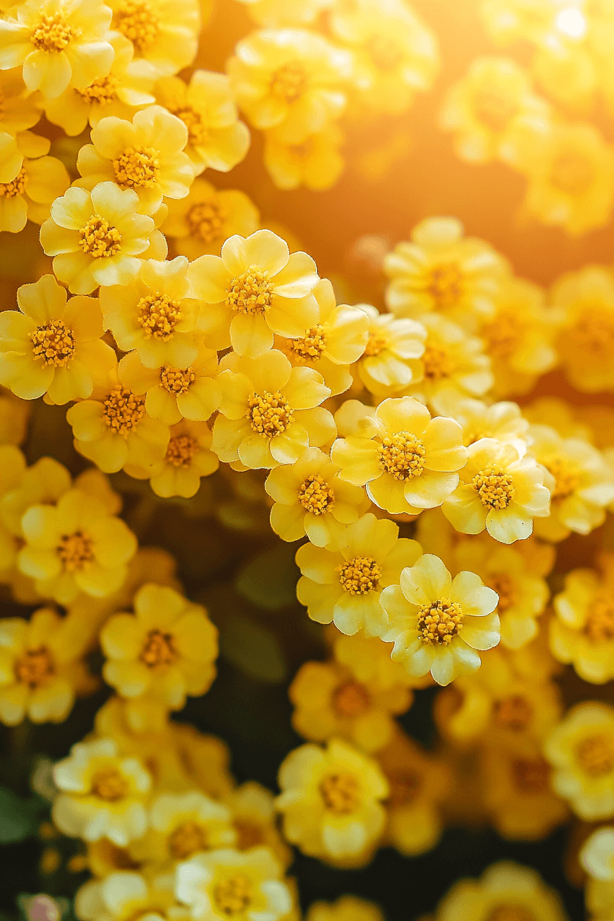 Bright golden-yellow Alyssum flowers of the Basket of Gold variety clustered densely, glowing warmly under sunlight in a garden setting.