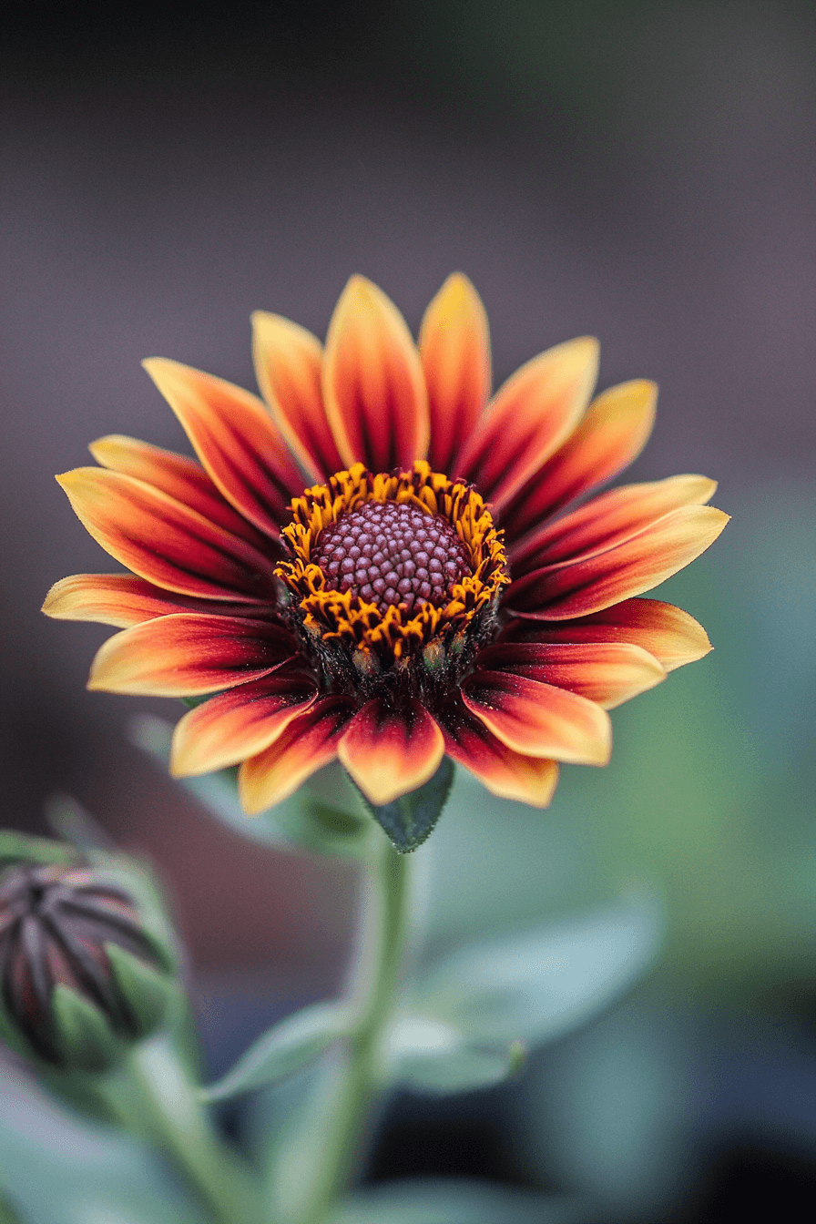 A small Gaillardia ‘Goblin’ flower in a pot, with deep red petals outlined in gold, captured with soft natural lighting and intimate shallow focus