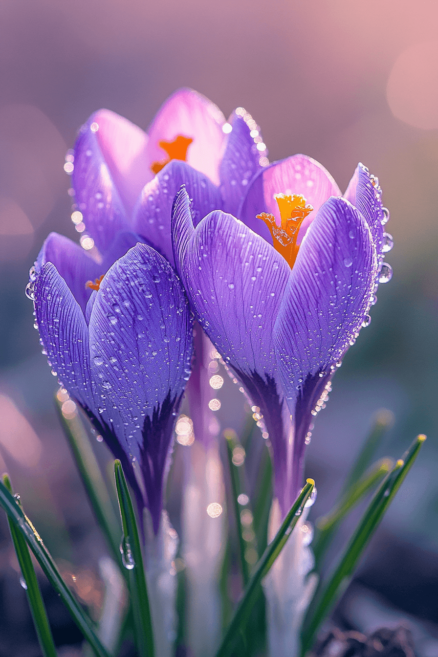 Smoky lavender blooms of ‘Grand Maitre’ crocus in a serene garden setting, dignified and softly radiant.