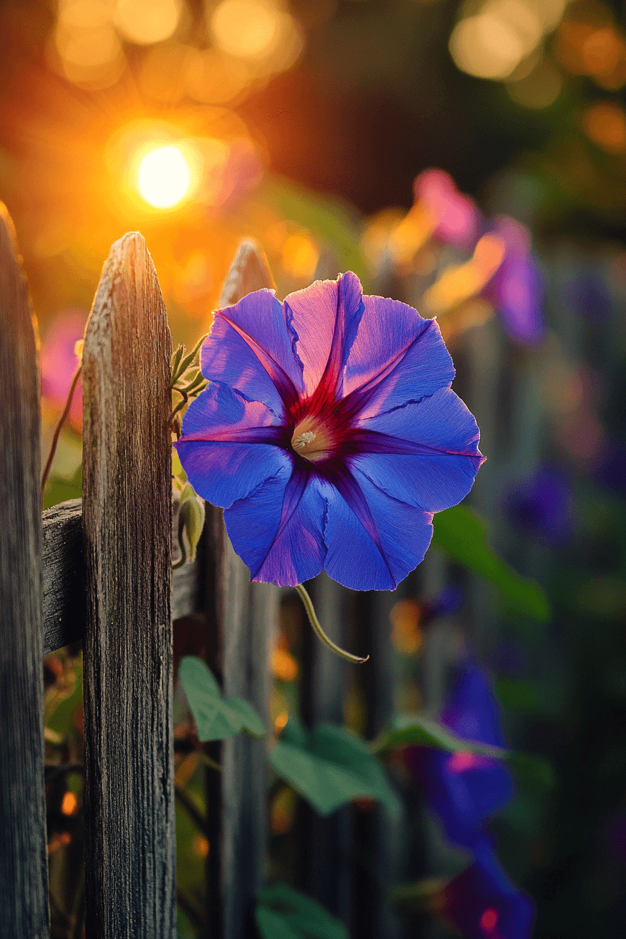 Grandpa Ott’s morning glory flower featuring deep purple petals and a vivid red star-shaped throat, blooming along a rustic fence in a cottage garden.