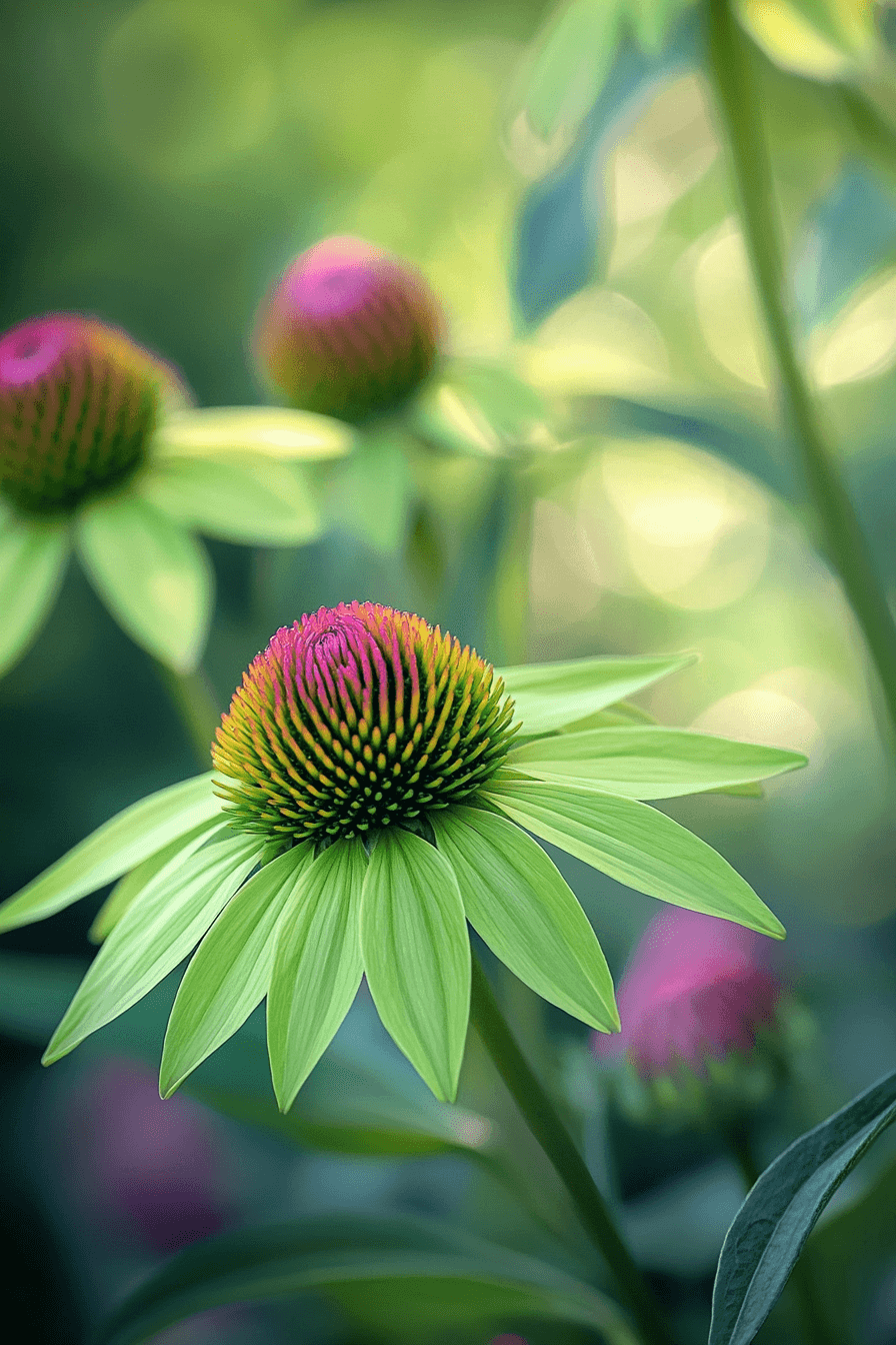 A striking ‘Green Twister’ coneflower with lime green petals curling into raspberry centers — a whimsical, wild-hearted bloom with unexpected beauty