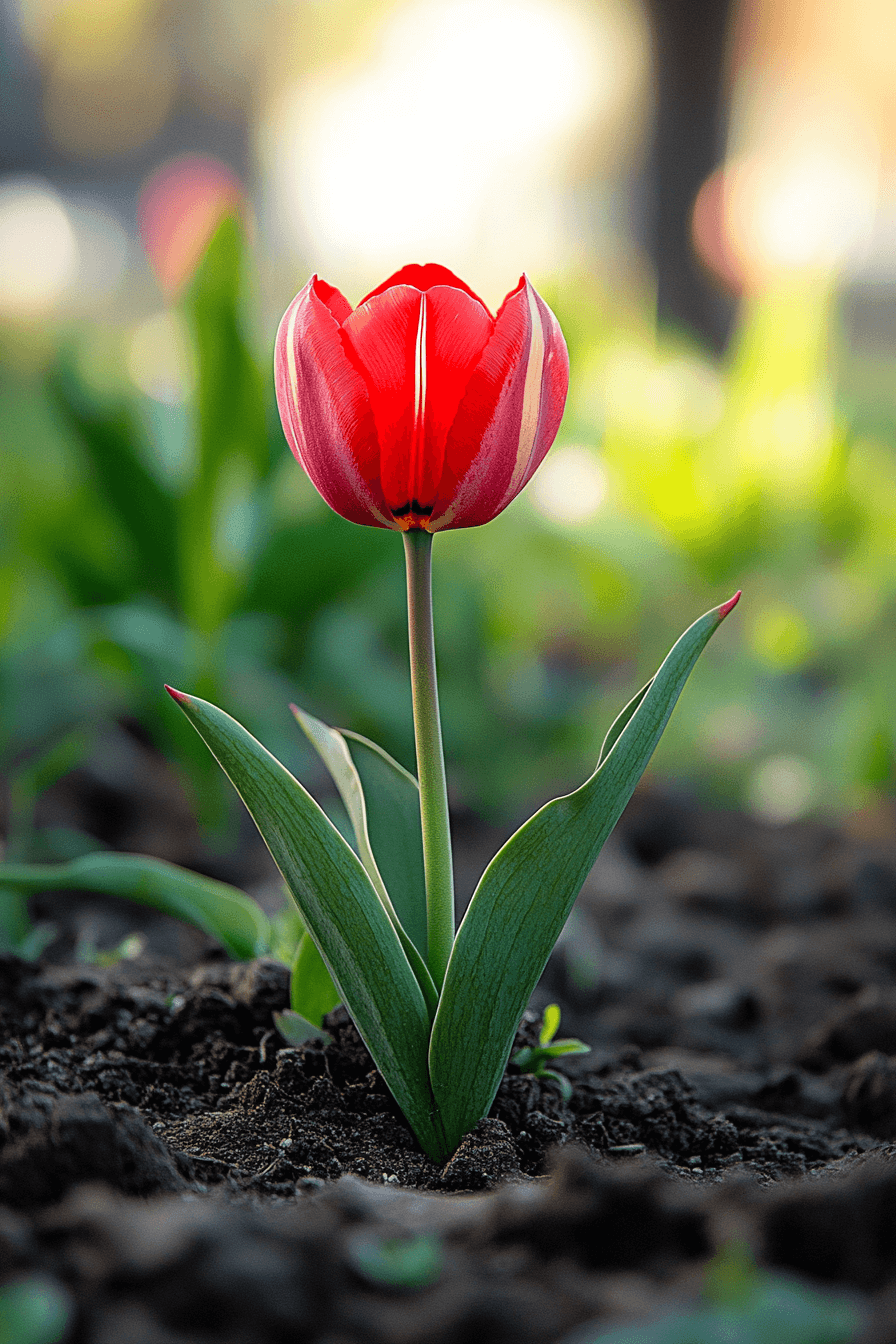 Low-growing red Greigii tulip with striped leaves, blooming close to the earth in joyful spring sunlight.