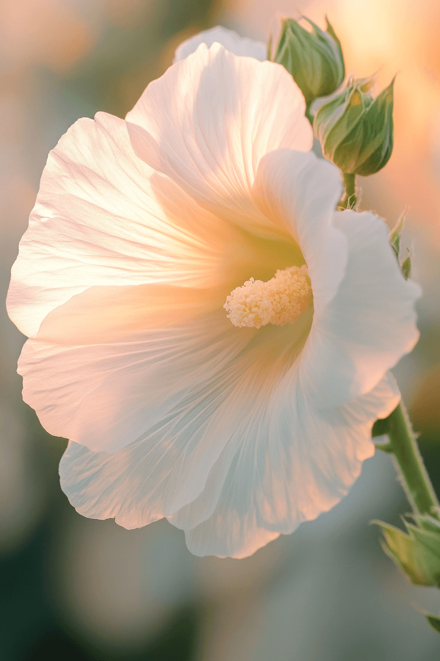Soft white Halo hollyhock flower with gentle pink blush at the center, illuminated by warm sunlight