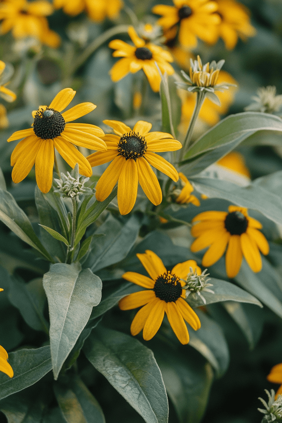 Rudbeckia laciniata ‘Herbstsonne’ with deeply cut green leaves and clusters of golden yellow flowers, glowing softly in an autumn garden setting with warm light.