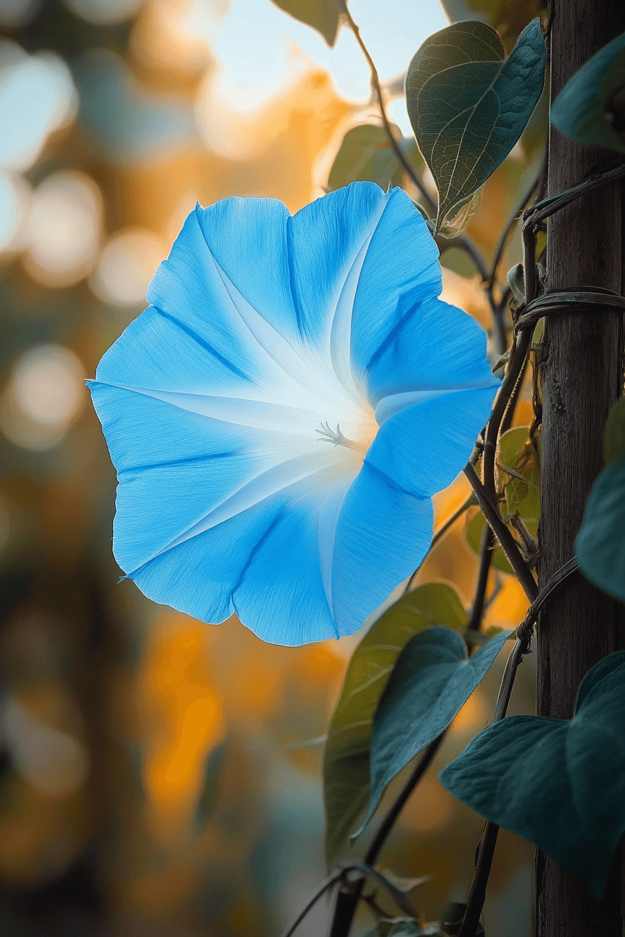 Heavenly Blue morning glory in full bloom, with soft sky-blue petals and a white center, climbing on a garden trellis under morning sunlight.