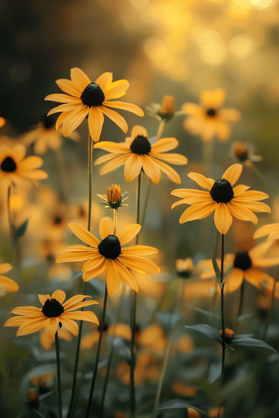 Tall and elegant Rudbeckia subtomentosa ‘Henry Eilers’ flowers with rich golden petals and black centers, standing gracefully in a garden during golden hour sunlight.