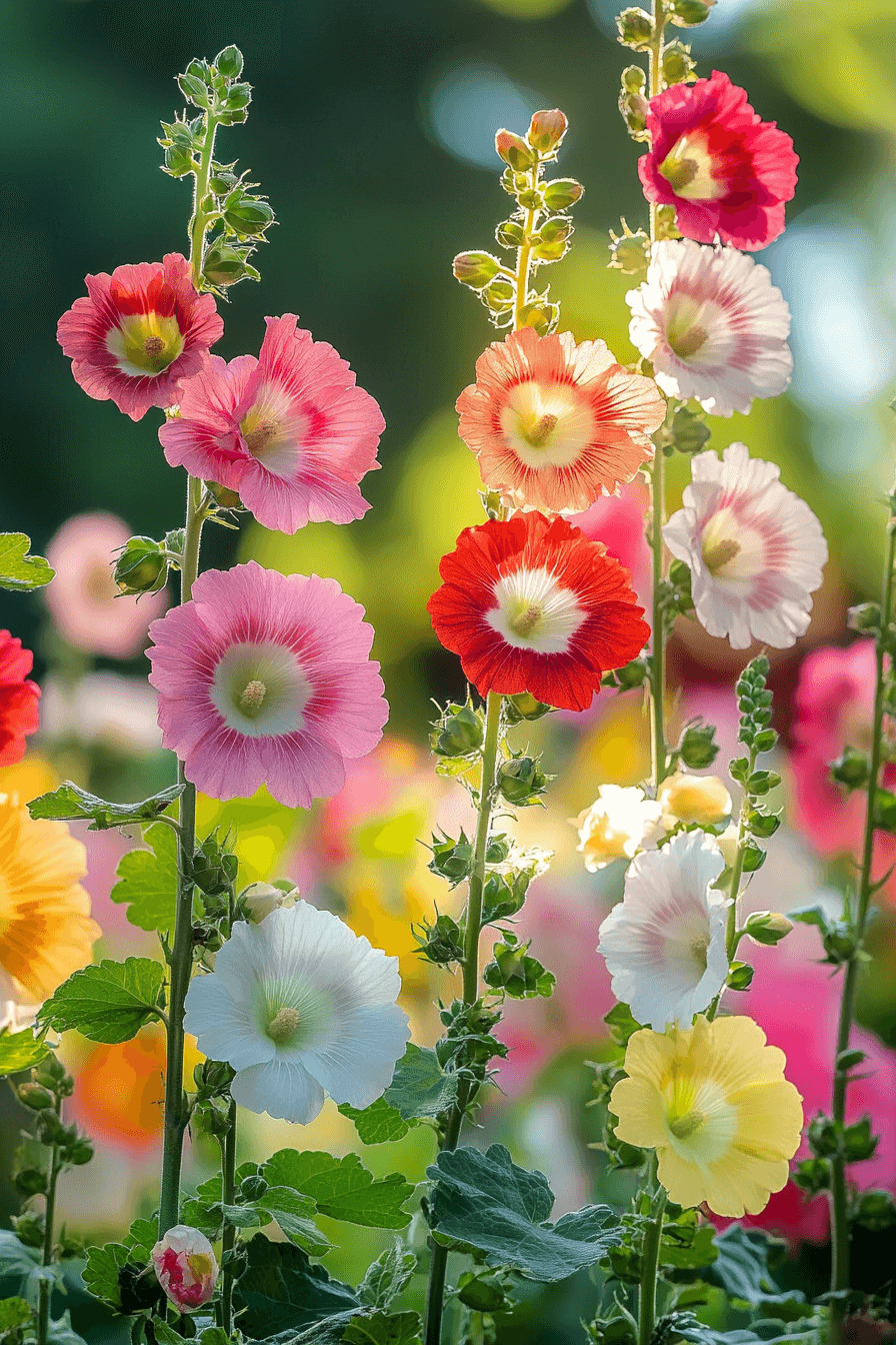 Colorful Holiday Series hollyhock flowers in bright pink, red, yellow, and white, blooming tall in a garden